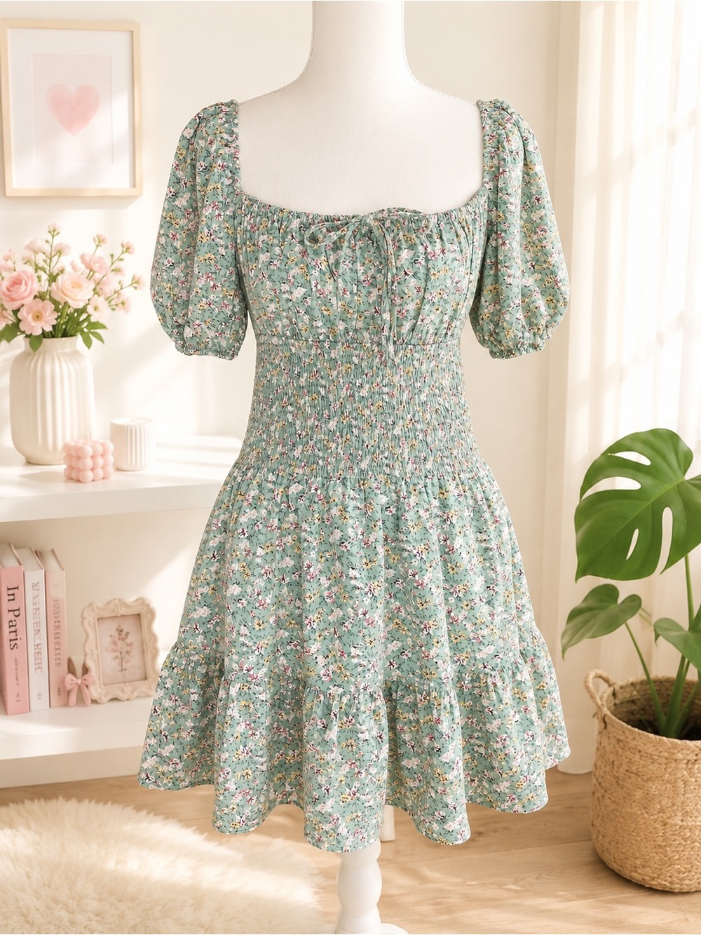 MABLE Sage Green Floral Smocked Puff Sleeve Mini Dress M